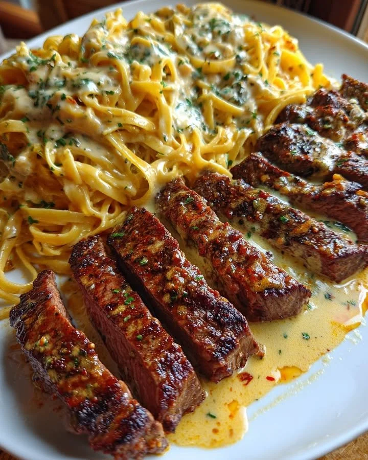 Creamy Cajun Garlic Butter Beef Linguine dish served on a plate