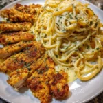Plate of creamy Cajun garlic butter chicken spaghetti with herbs and spices