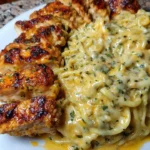 Creamy Cajun garlic butter chicken served over spaghetti for a family dinner