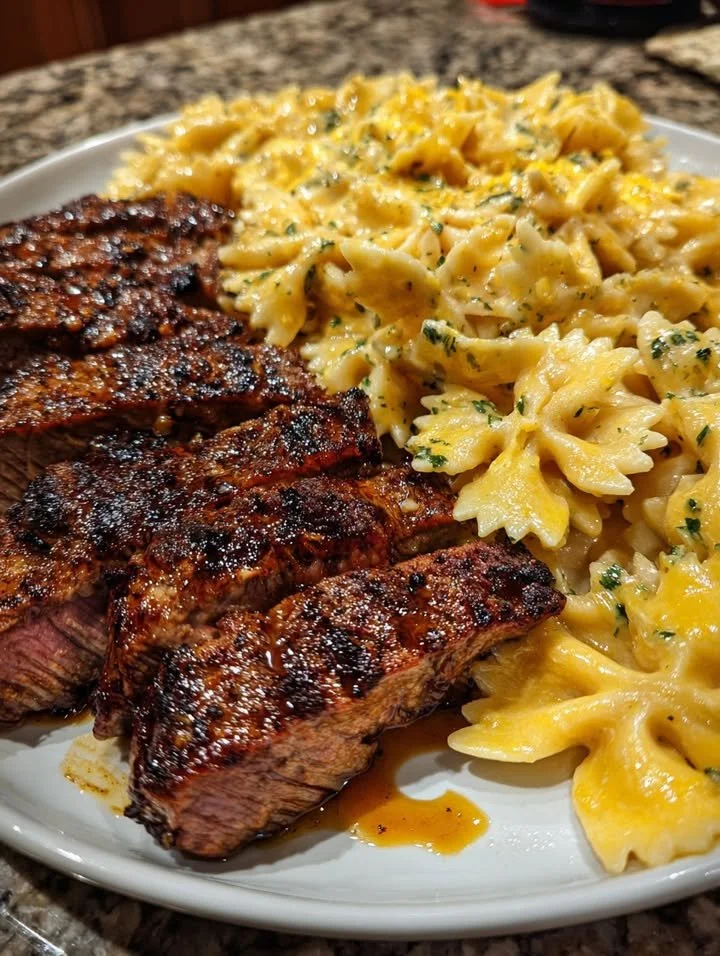 Delicious Cajun garlic butter steak served over pasta for a family dinner
