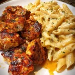 Creamy chicken penne dish topped with Alfredo sauce for a family dinner