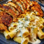 Creamy chicken rigatoni with garlic sauce served in a bowl