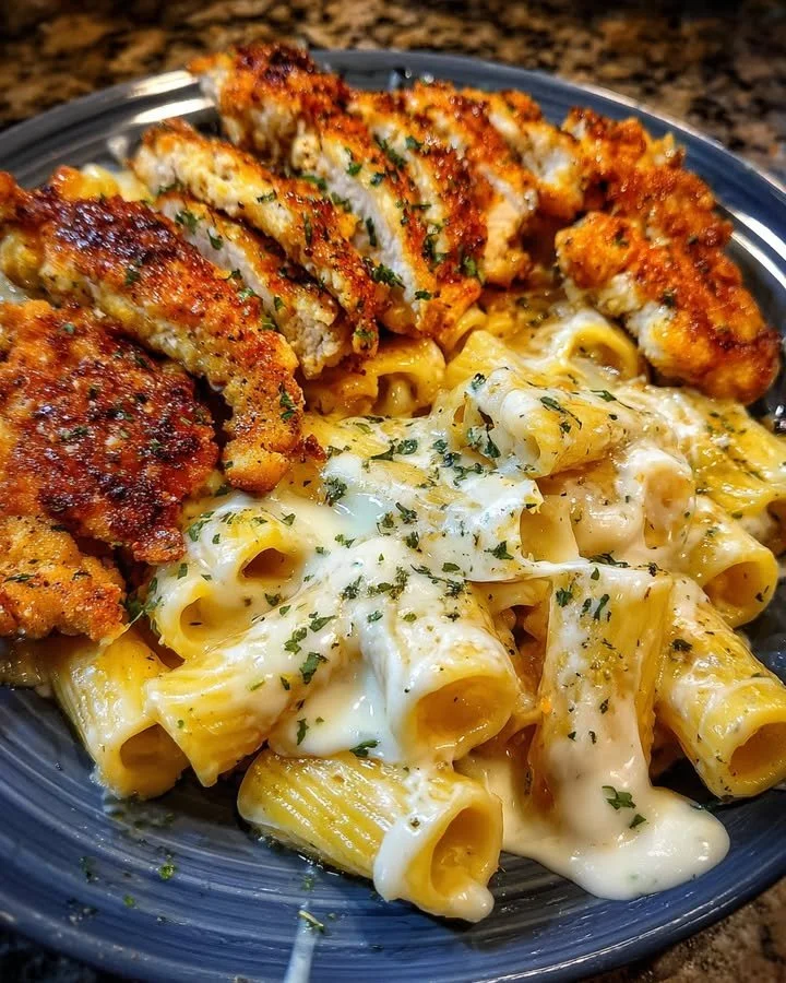 Creamy chicken rigatoni with garlic sauce served in a bowl