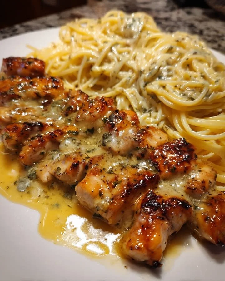 Creamy chicken spaghetti with garlic butter served in a bowl
