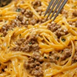 Creamy garlic butter beef pasta served in a bowl for family dinner