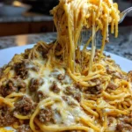 Creamy garlic butter beef spaghetti served in a bowl with herbs
