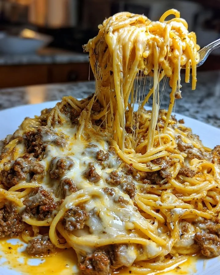 Creamy garlic butter beef spaghetti served in a bowl with herbs