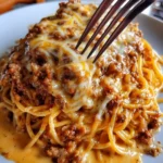 Creamy garlic butter beef spaghetti served in a bowl.