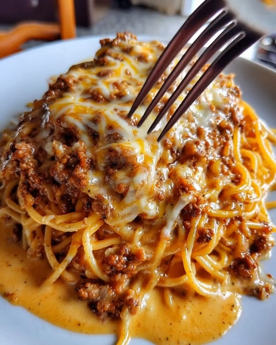 Creamy garlic butter beef spaghetti served in a bowl.