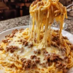 Creamy garlic butter beef spaghetti served with fresh parsley in a bowl.