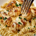 Creamy Garlic Butter Chicken served with rotini pasta for a family dinner