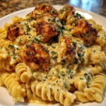 Creamy garlic butter chicken bites served with rotini pasta.