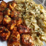 Creamy Garlic Butter Chicken Bowtie Pasta served in a bowl with herbs