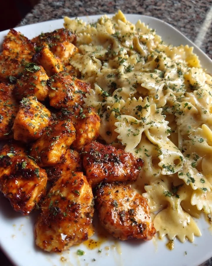Creamy Garlic Butter Chicken Bowtie Pasta served in a bowl with herbs