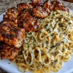 Creamy garlic butter chicken linguine served in a bowl, garnished with parsley.