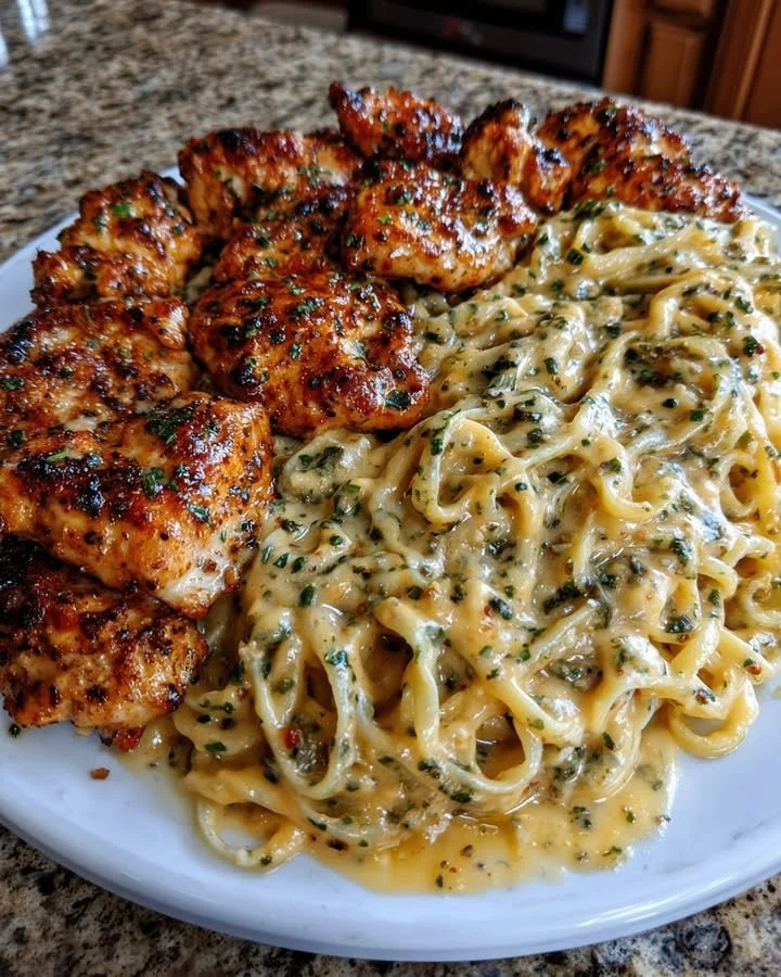 Creamy garlic butter chicken linguine served in a bowl, garnished with parsley.