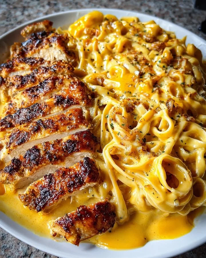 Creamy Garlic Butter Chicken Linguine served in a bowl with fresh herbs