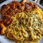 Creamy garlic butter chicken linguine served with Parmesan Havarti for two