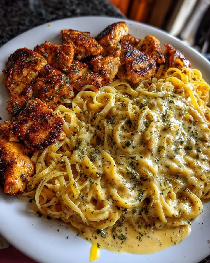Creamy garlic butter chicken linguine served with Parmesan Havarti for two