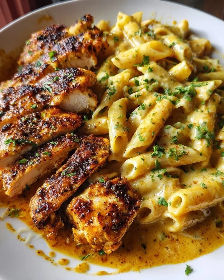 Creamy garlic butter chicken penne gouda dish served for family dinner