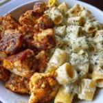 Creamy garlic butter chicken rigatoni served on a plate with fresh herbs