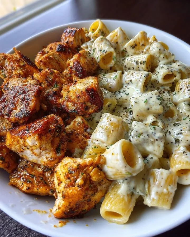 Creamy garlic butter chicken rigatoni served on a plate with fresh herbs