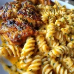 Creamy Garlic Butter Chicken Rotini dish topped with Colby Parmesan cheese