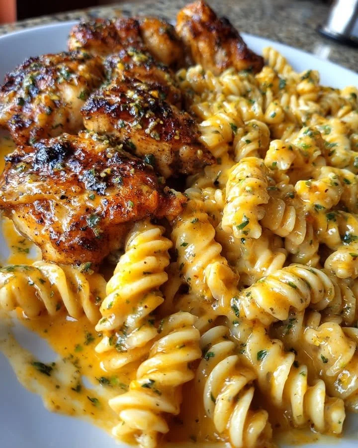 Creamy Garlic Butter Chicken Rotini dish topped with Colby Parmesan cheese