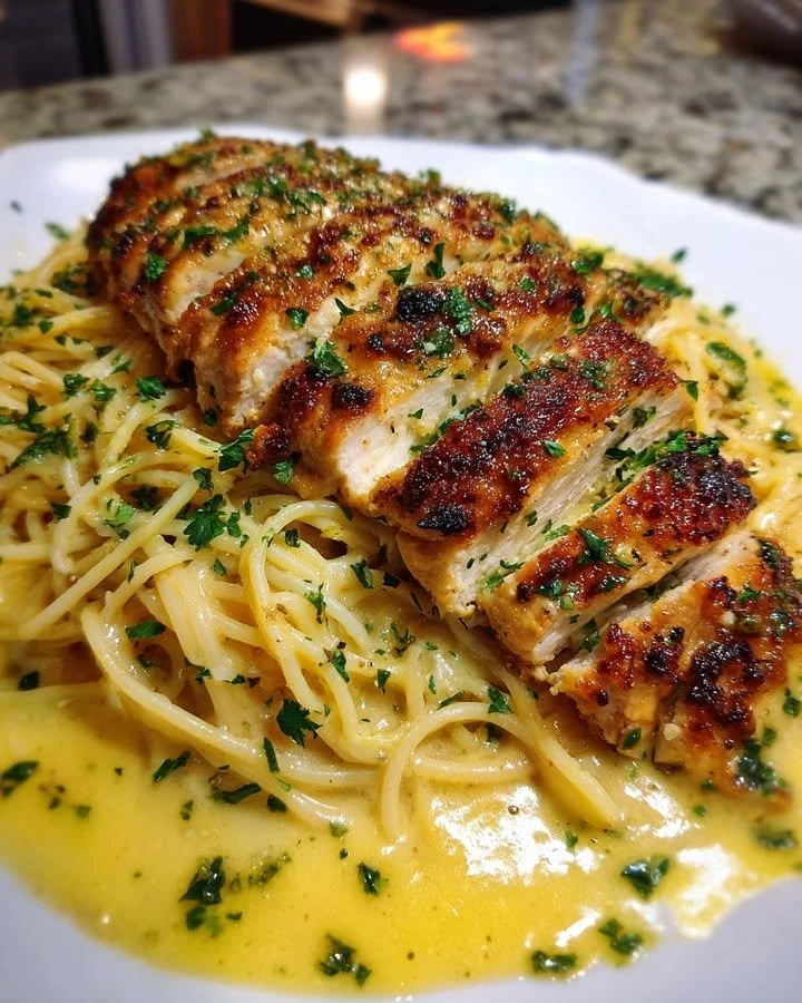 Creamy garlic butter chicken spaghetti plated with Alfredo sauce