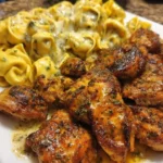 Creamy garlic butter chicken tortellini topped with Parmesan cheese