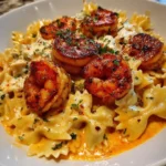 Creamy garlic butter shrimp served with Cajun bowtie pasta for a family dinner