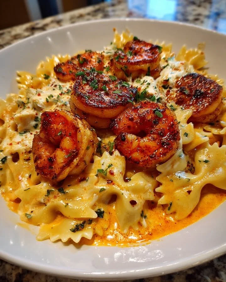 Creamy garlic butter shrimp served with Cajun bowtie pasta for a family dinner