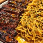 Creamy garlic butter steak spaghetti served in a bowl