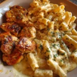 Creamy garlic chicken penne served in a bowl with herbs and grated cheese