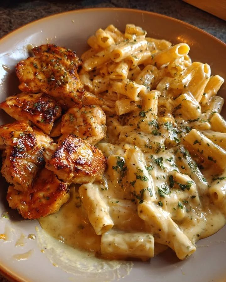 Creamy garlic chicken penne served in a bowl with herbs and grated cheese