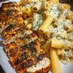 Creamy garlic herb chicken penne with parmesan served on a dinner plate