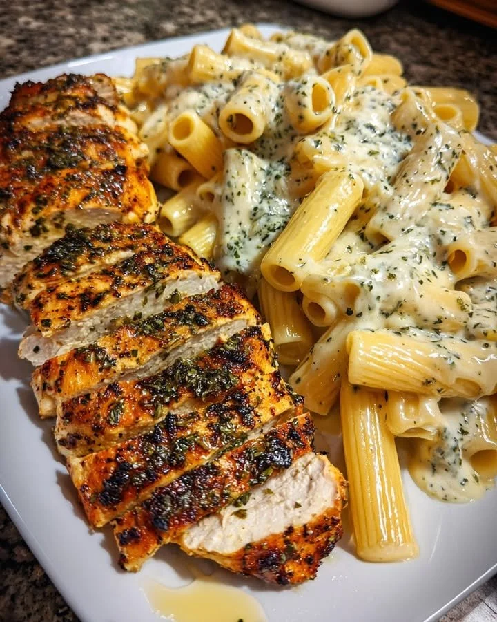 Creamy garlic herb chicken penne with parmesan served on a dinner plate