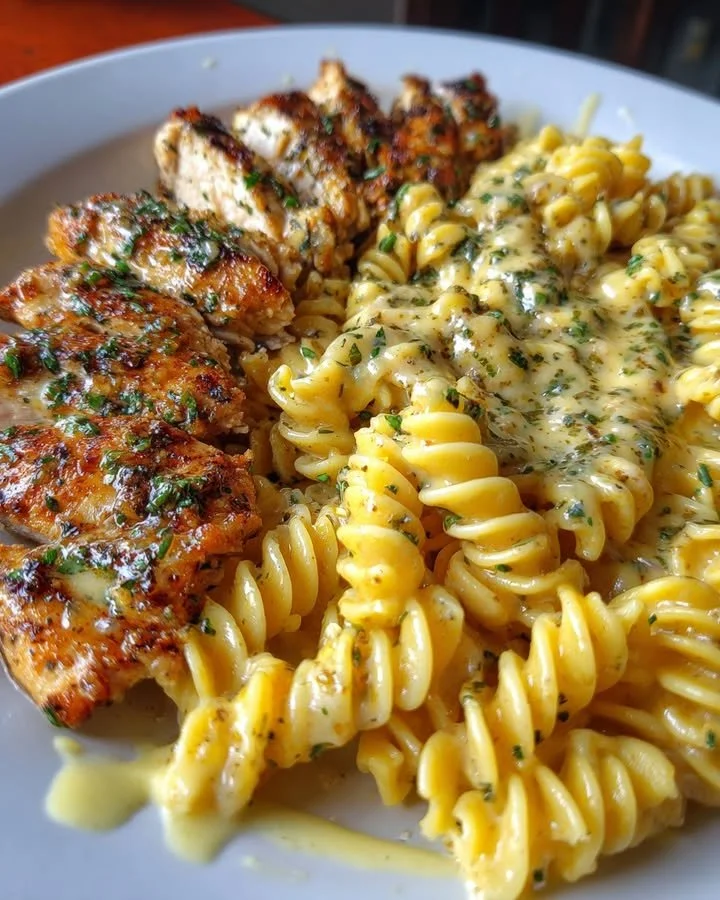 Creamy garlic Parmesan chicken served on a plate, garnished with parsley.