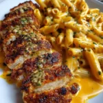 Creamy garlic parmesan chicken served with penne pasta for dinner