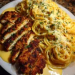 Creamy garlic parmesan chicken spaghetti served with a sprinkle of parsley