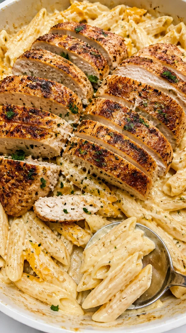 Creamy Garlic Parmesan Chicken with Three-Cheese Penne for Dinner