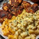 Creamy garlic parmesan rigatoni dish with chicken served on a plate