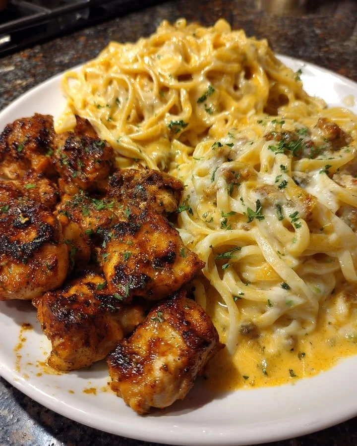 Creamy garlic ranch chicken linguine dish served in a bowl