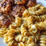 Creamy Garlic Ranch Chicken Rotini served on a plate with fresh herbs.