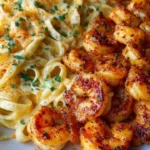 Creamy garlic shrimp served over linguine pasta with cheese sauce