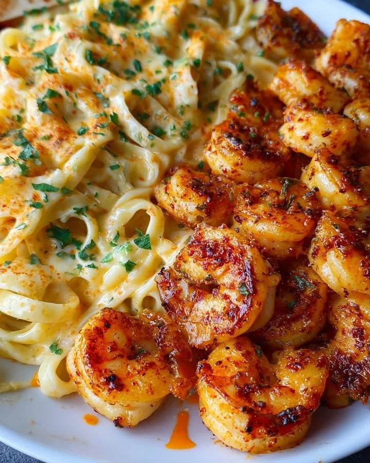 Creamy garlic shrimp served over linguine pasta with cheese sauce