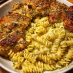 Creamy herb chicken pasta with rotini served in a bowl