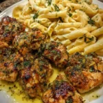Creamy lemon garlic butter chicken penne dish served on a dinner plate