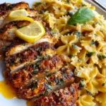 Creamy lemon garlic chicken bowtie pasta with mozzarella served in a bowl