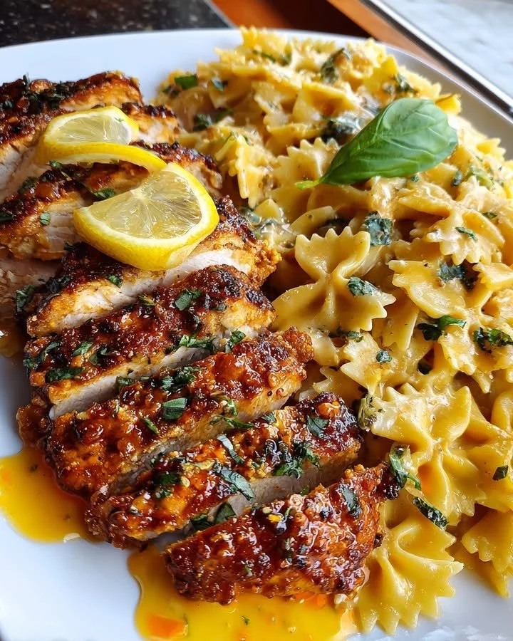 Creamy lemon garlic chicken bowtie pasta with mozzarella served in a bowl